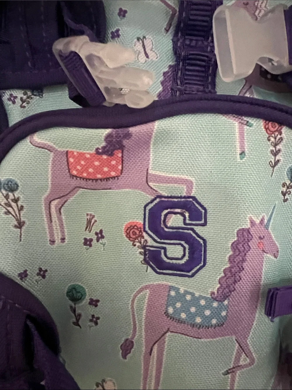 Kids Unicorn Print Mini Backpack in Light Blue and Purple. Monogrammed Letter S.